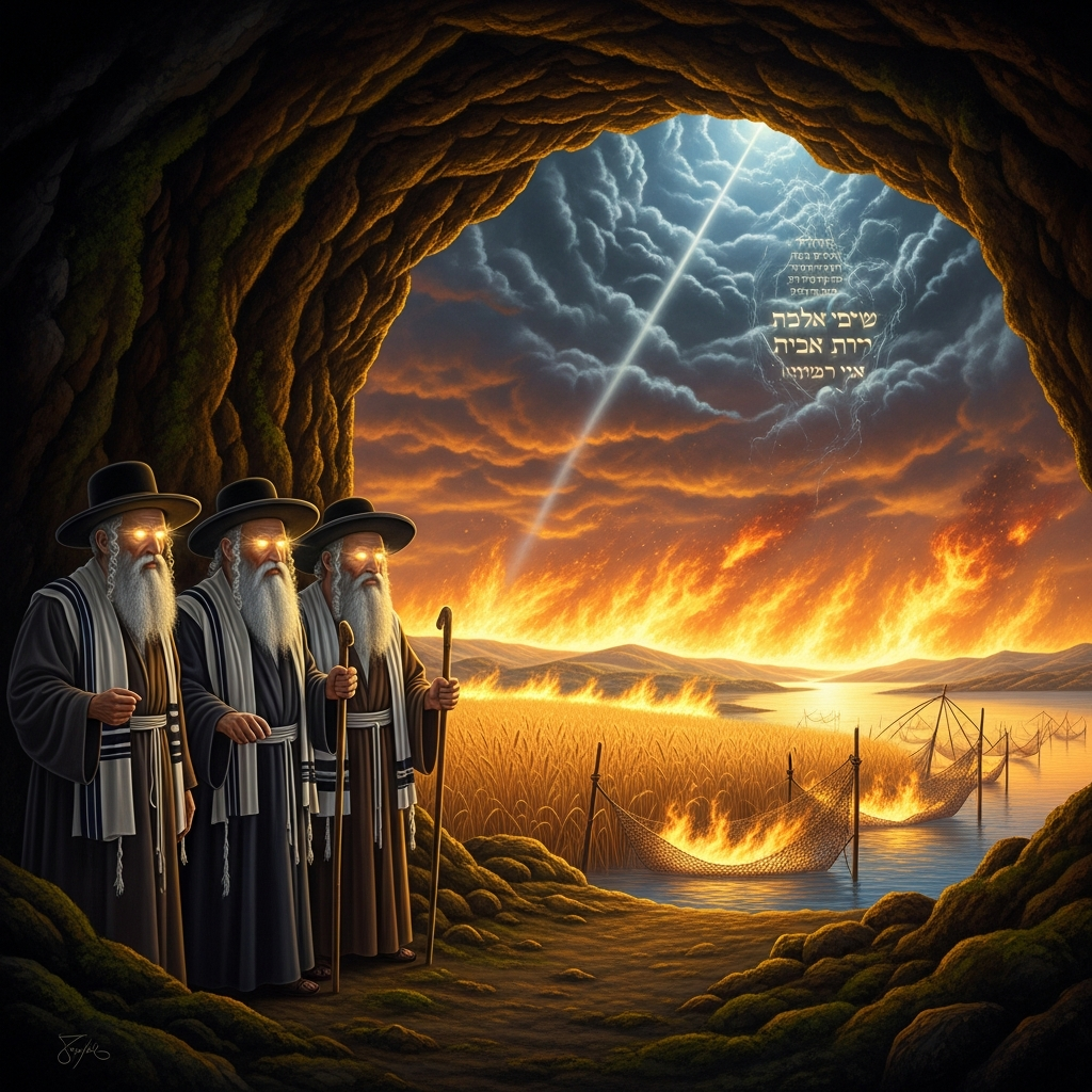At first emergence after twelve years, whatever the rabbis' eyes fall upon catches fire — the plowman's field, the fisherman's nets — and the heavenly voice sends them back into the cave for another year.