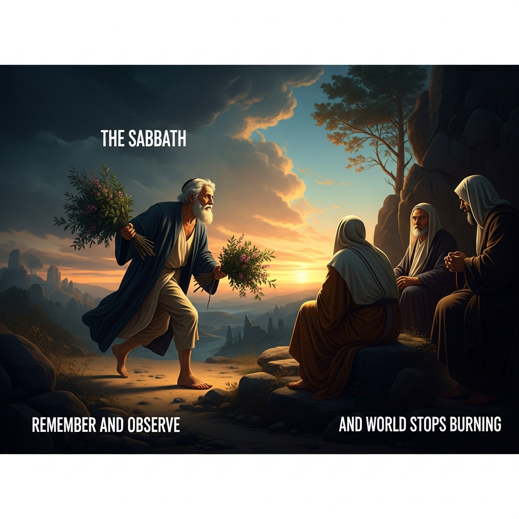 On the second emergence, an old man runs toward Sabbath at dusk with two myrtle bundles in his hand — *one for Remember, one for Observe* — and the rabbis see that the world has not abandoned reverence, and the world stops burning.