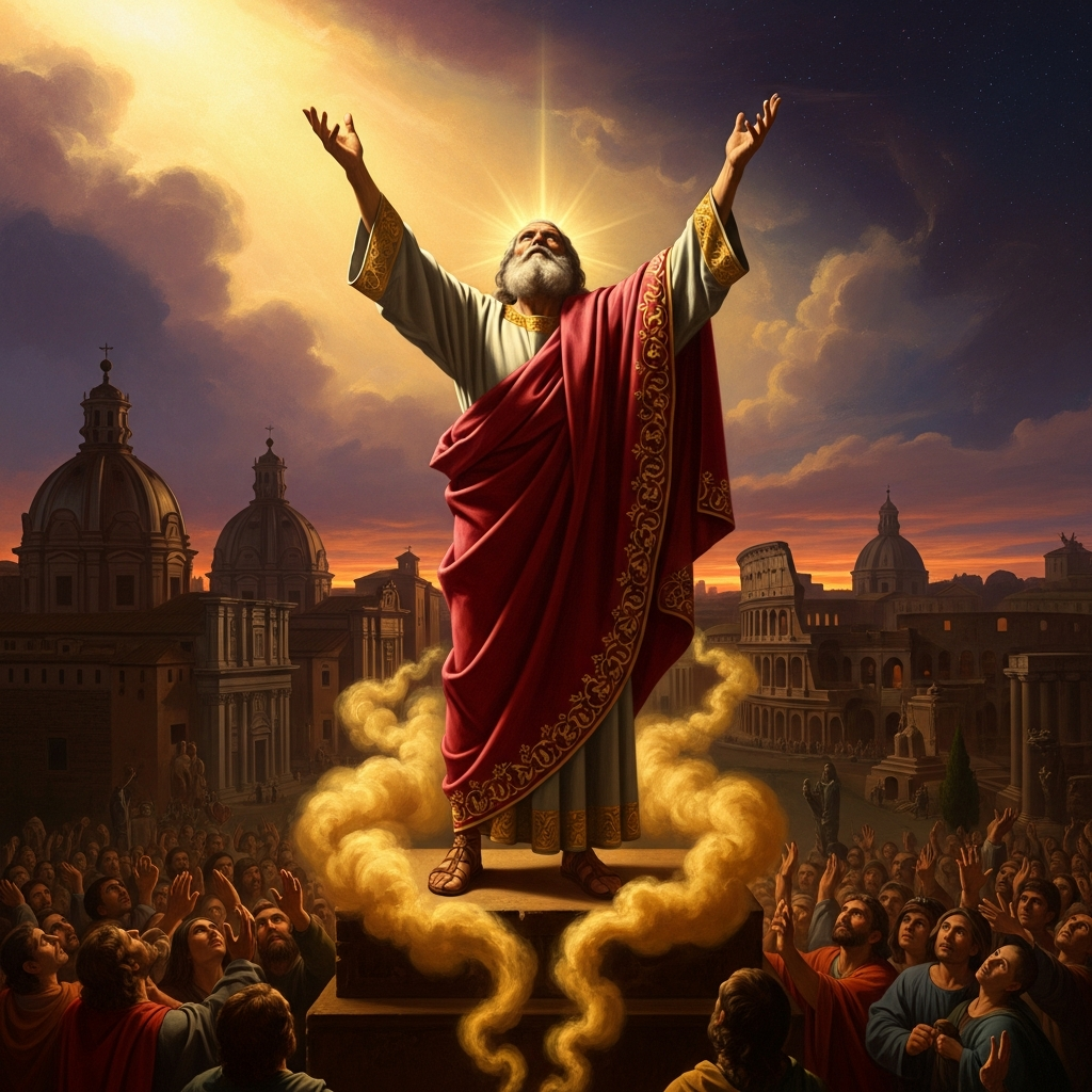 Simon Magus in crimson robes standing atop the Roman Forum before a crowd, arms raised toward the sky as golden smoke rises from his feet, the domes of Rome behind him under a livid evening sky.