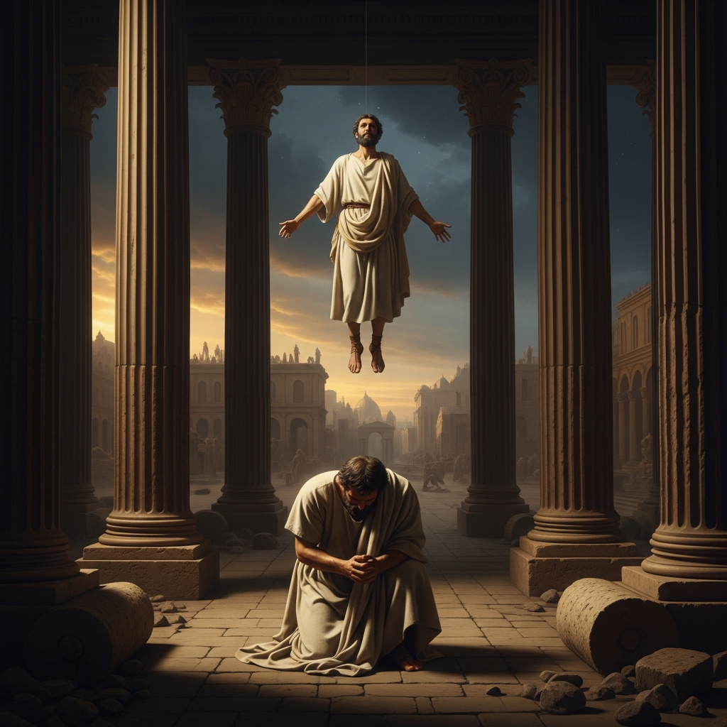 Peter kneeling on the stones of the Forum in plain linen, head bowed in prayer, while above him Simon Magus rises into the air — a figure suspended between the pillars of the Temple of Saturn and the darkening heavens.