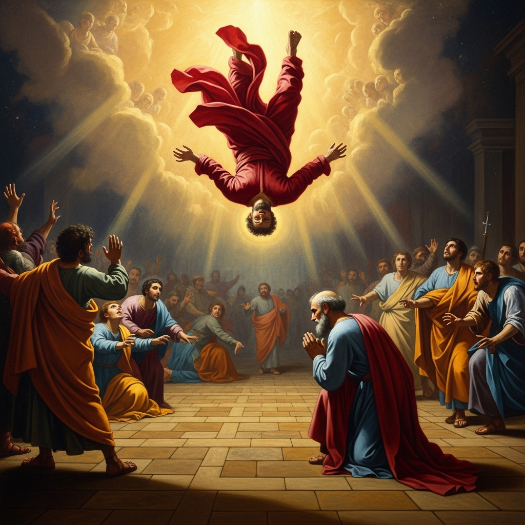 Simon Magus falling from the sky onto the Roman paving stones, his crimson robes streaming upward, the crowd scattering below him — Peter still kneeling, eyes closed, the moment of impact not yet arrived.