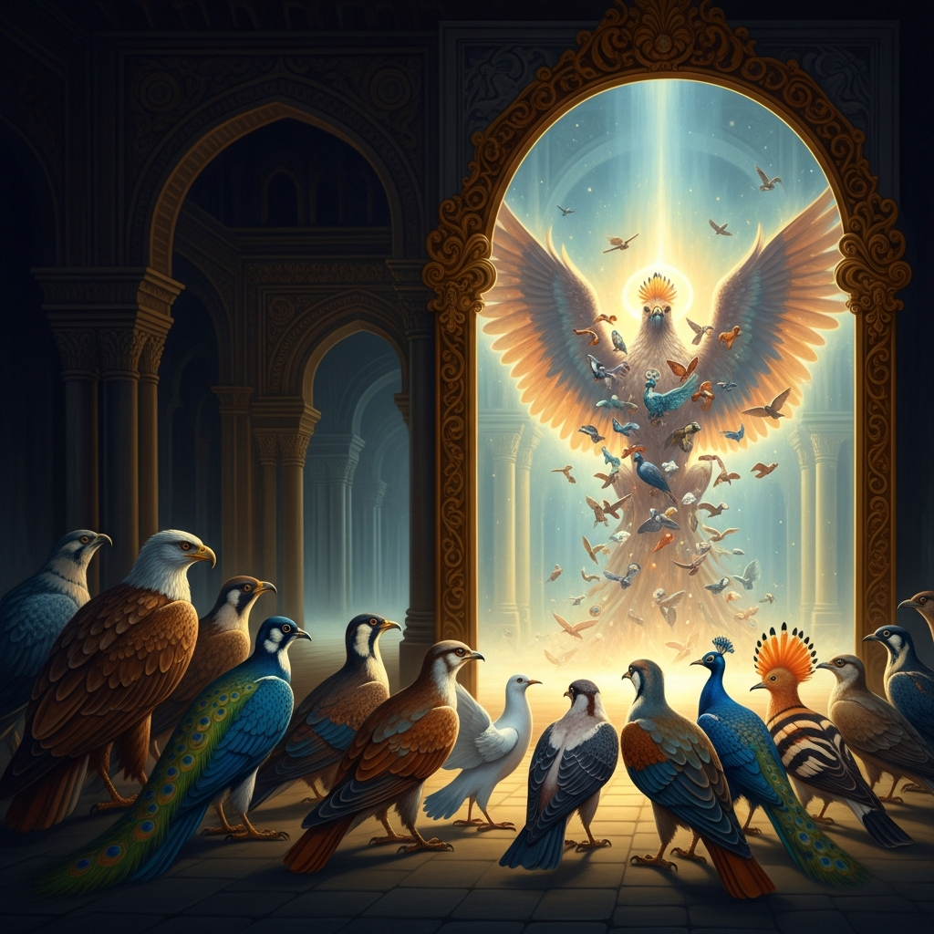 Thirty birds stand at the threshold of the Simurgh's court and see, in the mirror of divine light, thirty birds: themselves, transfigured.