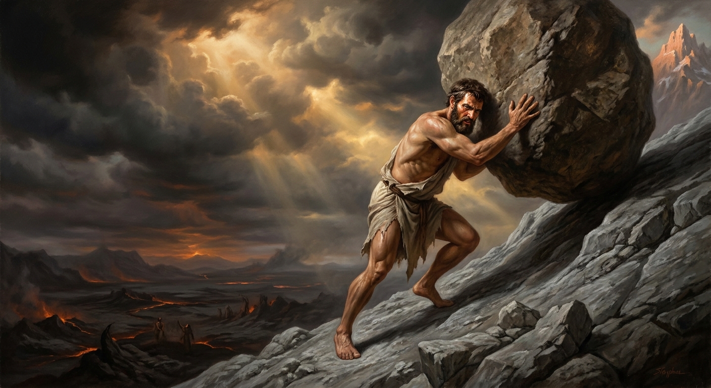  Tartarus: Sisyphus heaves the boulder toward a summit that recedes with every step.