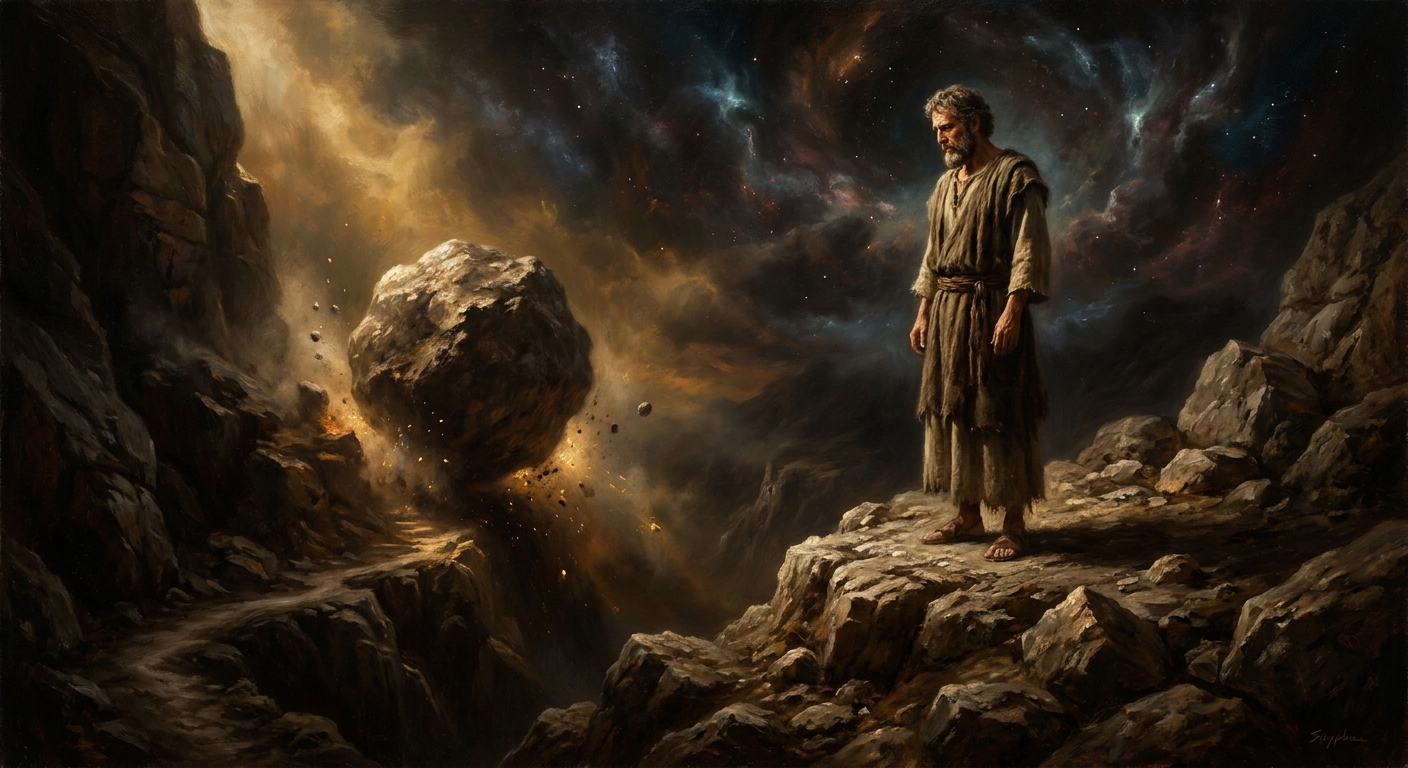 The stone finds the bottom again. Sisyphus watches it go. The hill waits.