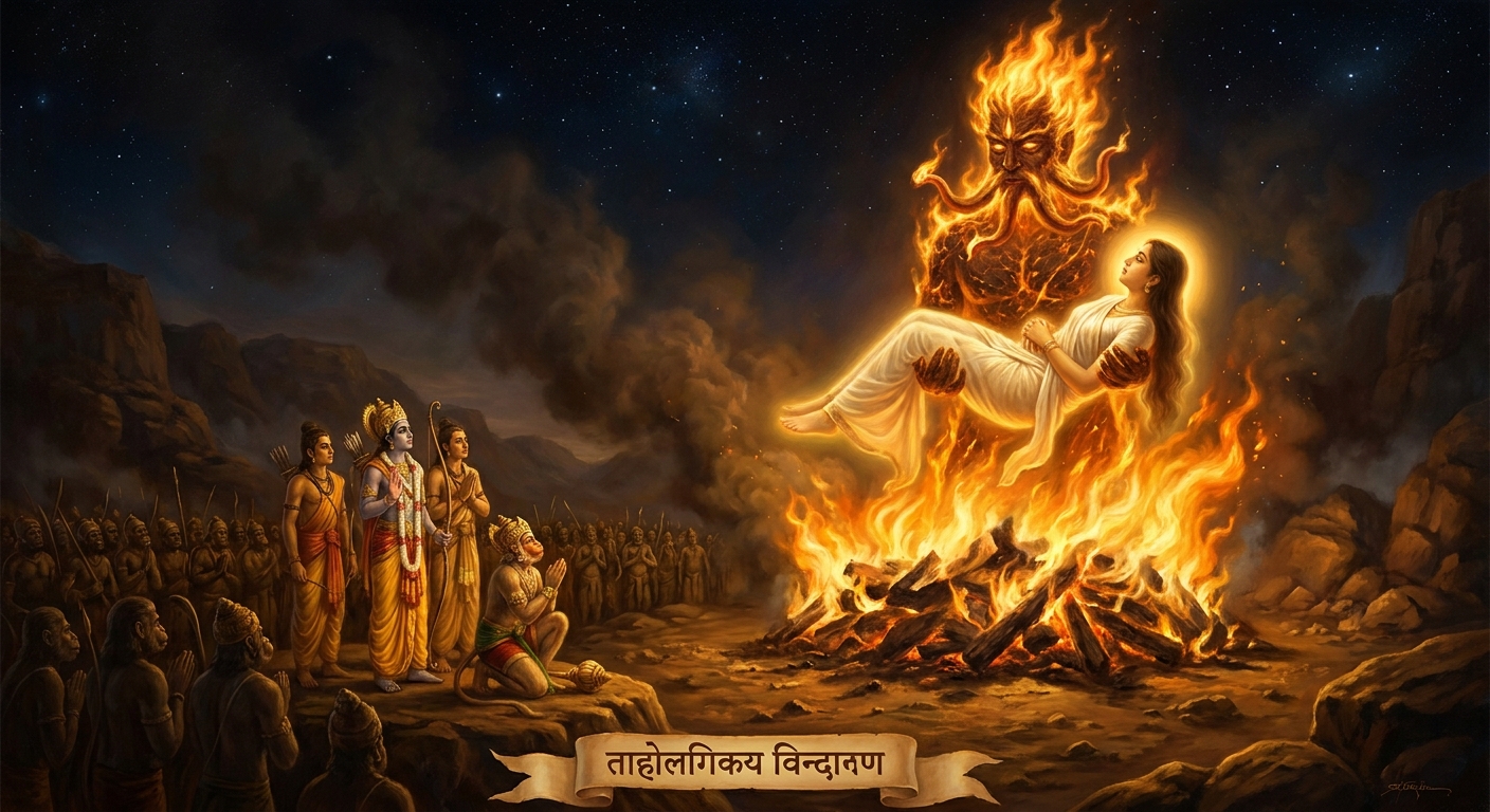 Agni, the fire-god, emerges from the heart of the blaze — arm extended, Sita cradled against his chest — to speak her innocence before the armies of two worlds.