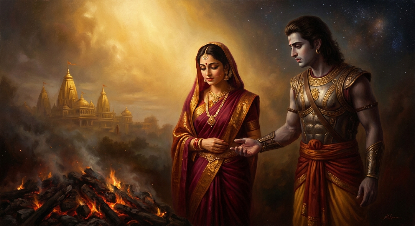 Rama receives Sita back from the god of fire: unburned, unsinged, her yellow sari intact. The proof complete. The armies silent.