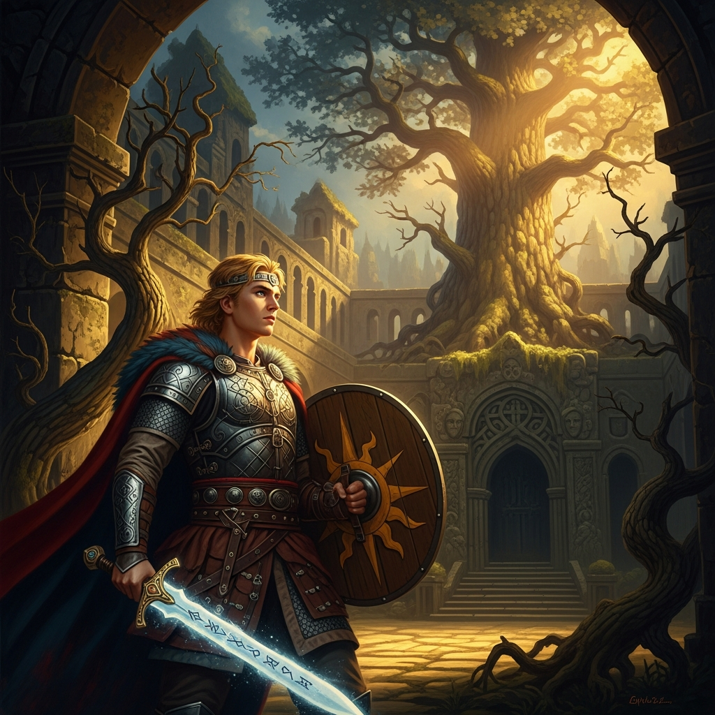 Skírnir in the courtyard of Gymir's hall, the runic staff raised. Gerðr stands motionless as the curse words enter her skin. Her face is the face of someone choosing between two impossible things.