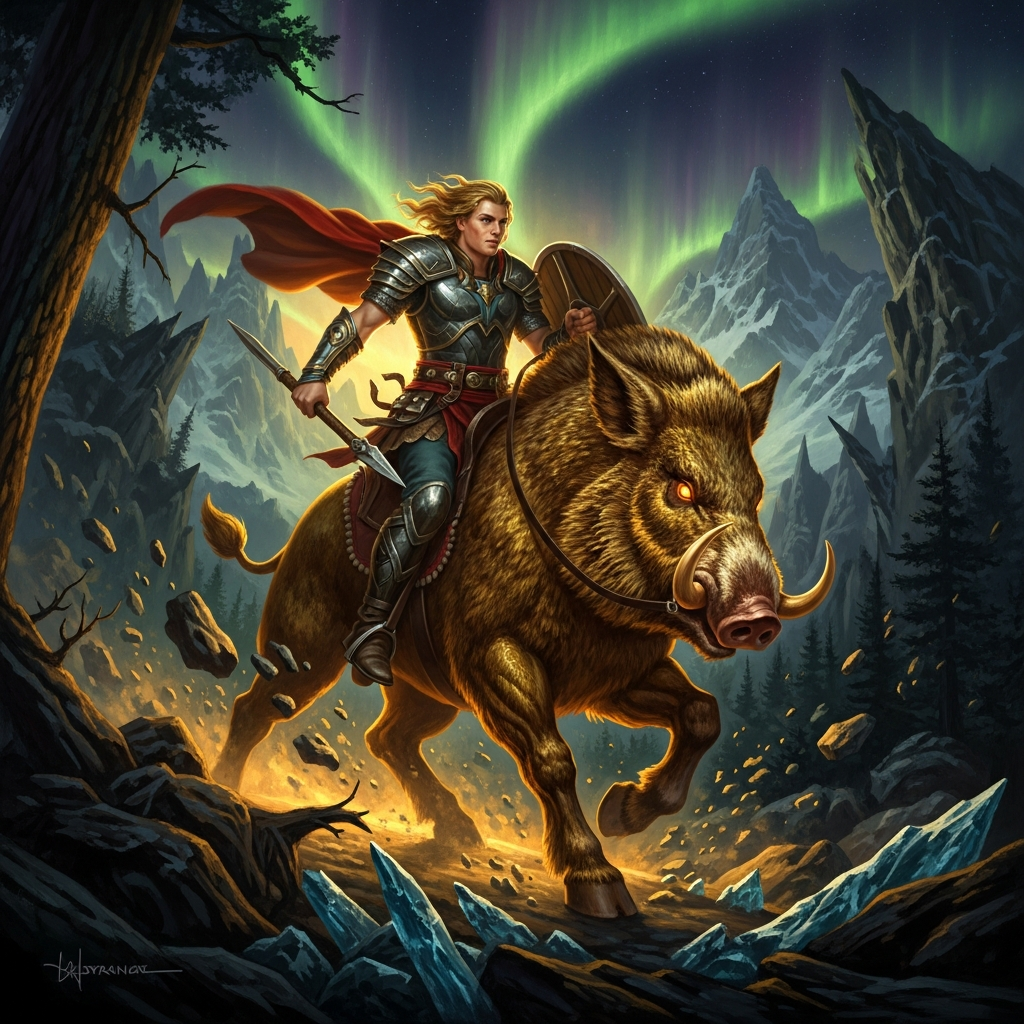 Skírnir riding into Jotunheim on Freyr's horse, which can travel through fire and dark. The magic sword is at his hip — Freyr's sword, now Skírnir's payment. The horse knows where to go.
