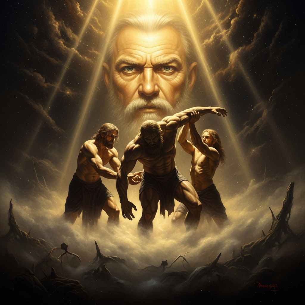 The brothers raise Ymir's skull as the dome of the sky. They pin it at four corners with four dwarves: Norðri, Suðri, Austri, Vestri — north, south, east, west. The dwarves are still holding it up.