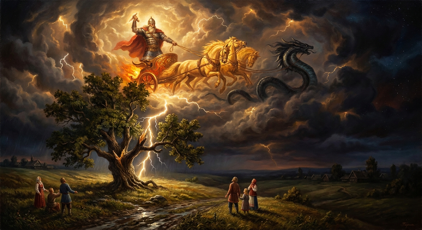 The summer storm itself — the chase across the sky, lightning splitting an oak, rain breaking the drought. The myth is the weather.