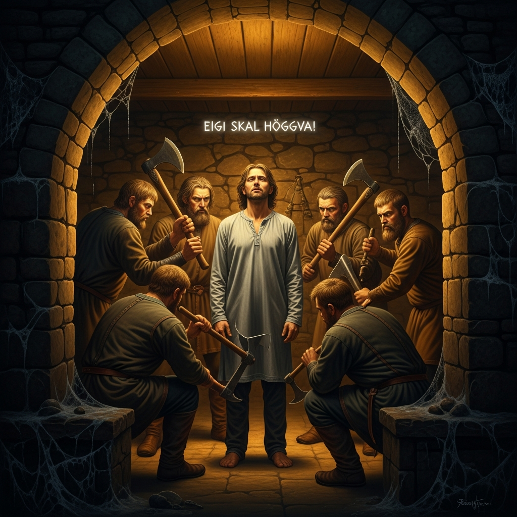 The cellar at Reykholt. Five men with axes. Snorri unarmed in his nightshirt. His last words, the saga records: 'Eigi skal höggva' — 'Strike not.' They strike.