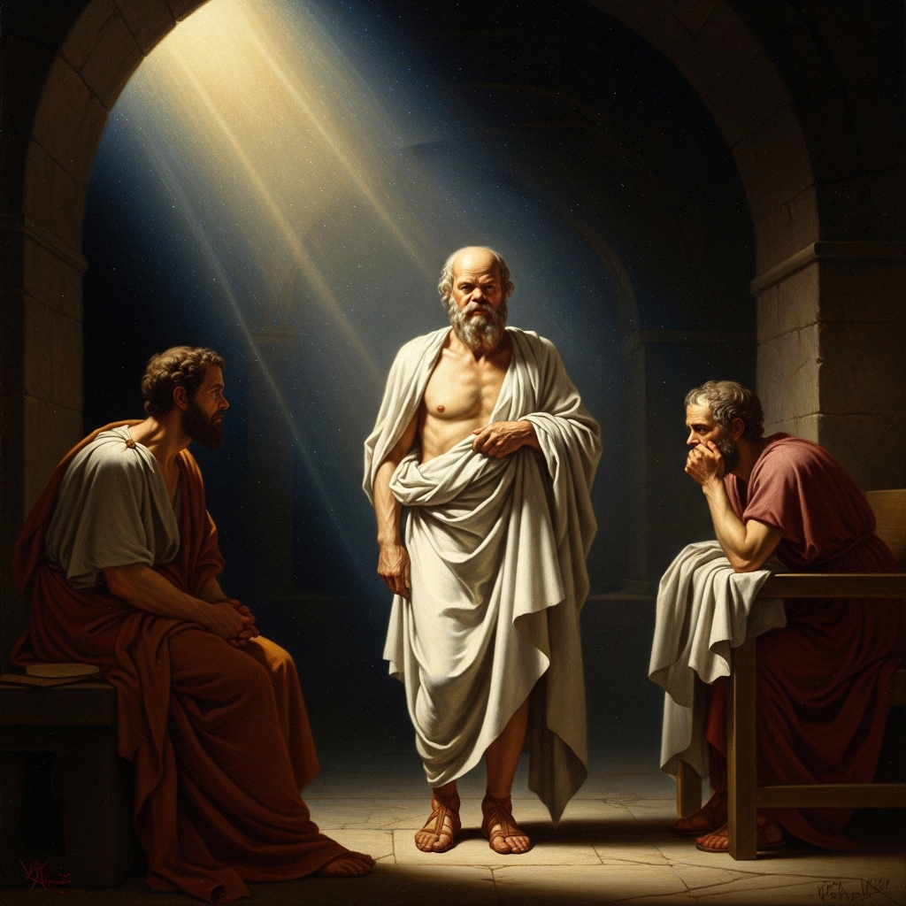 Socrates covered by the white cloth, the cold ascending through his body from the feet upward, speaking his last words to Crito across the narrowing distance between a philosopher and silence.