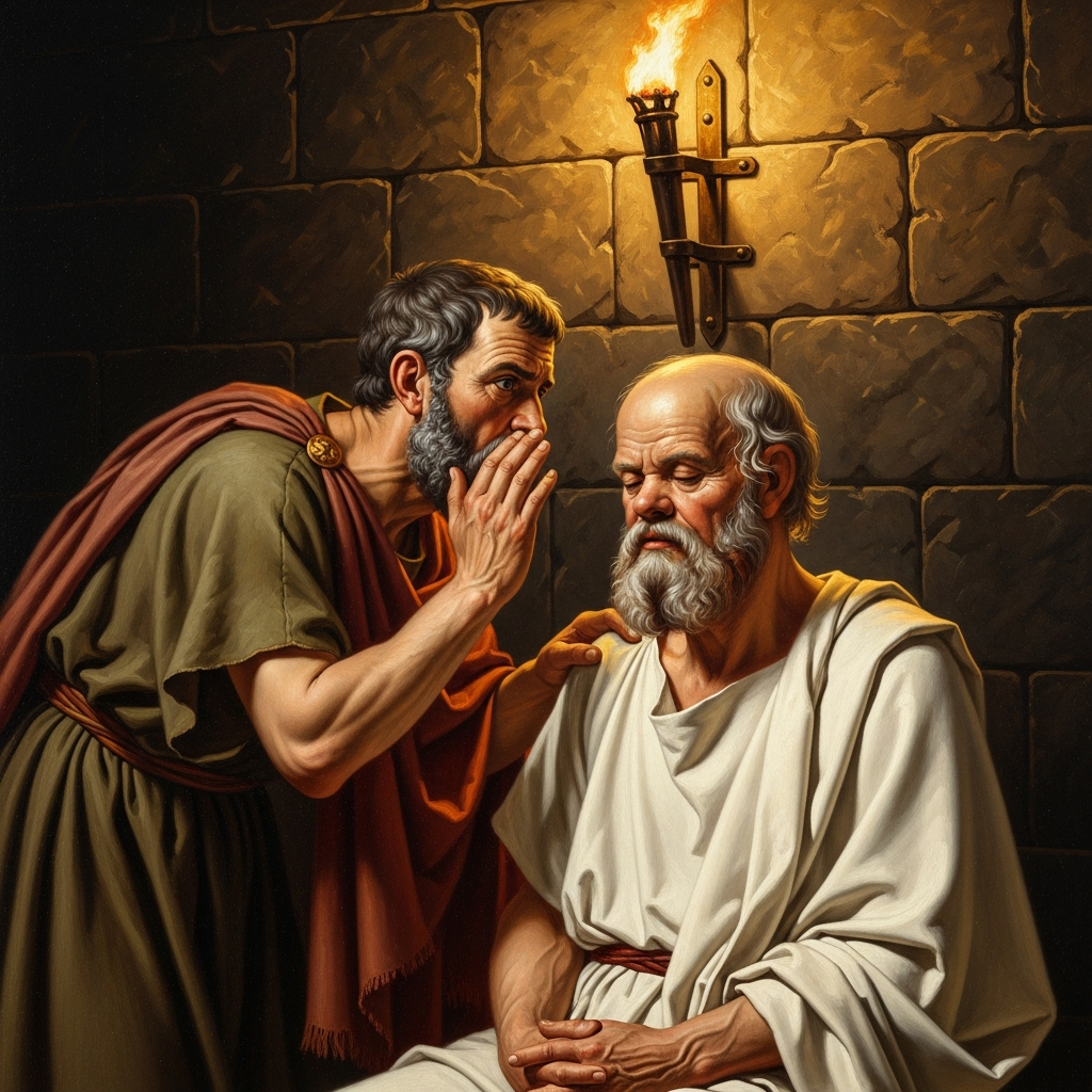 Crito leans close in the torchlit cell, whispering the plan — the boat, the friends in Thessaly, the open road. Socrates listens without moving.