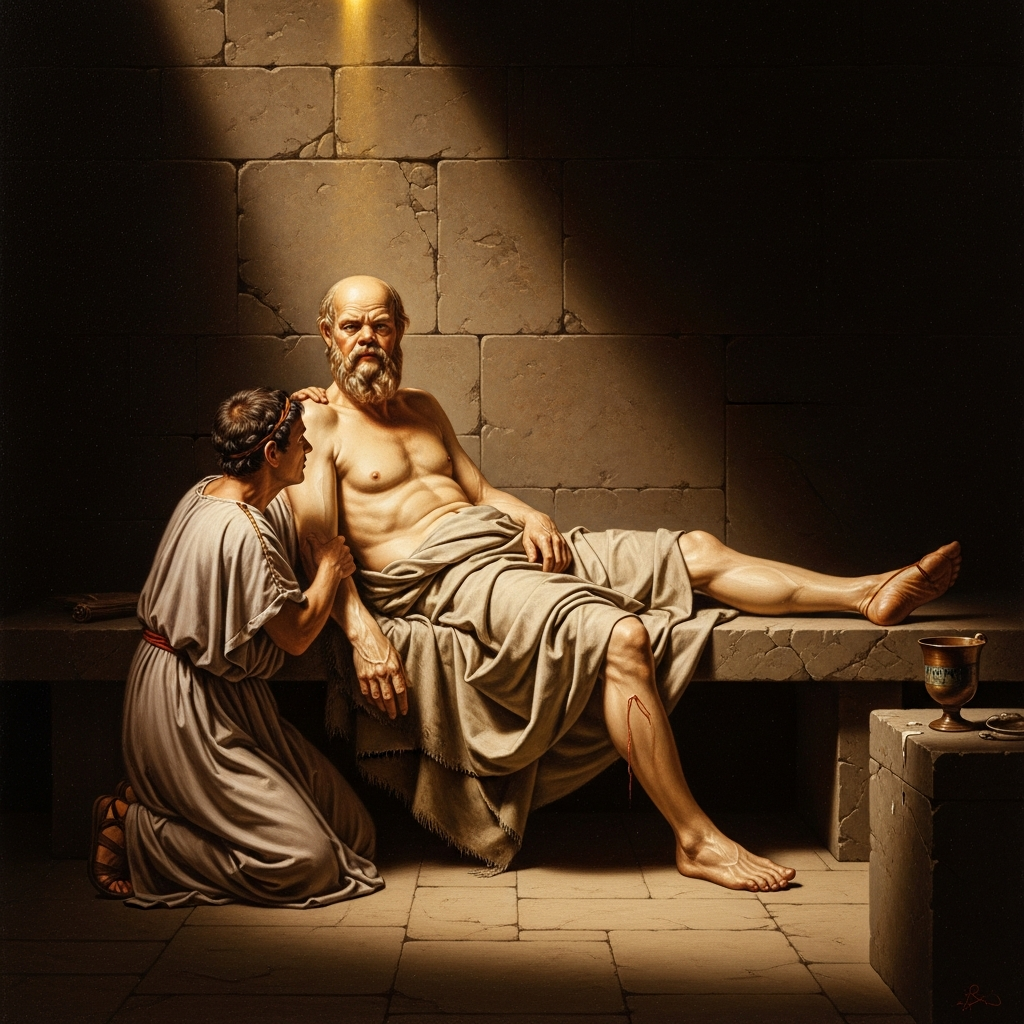 His legs are already numb, his voice still clear: 'Crito, we owe a cock to Asclepius. Pay it; don't forget.'