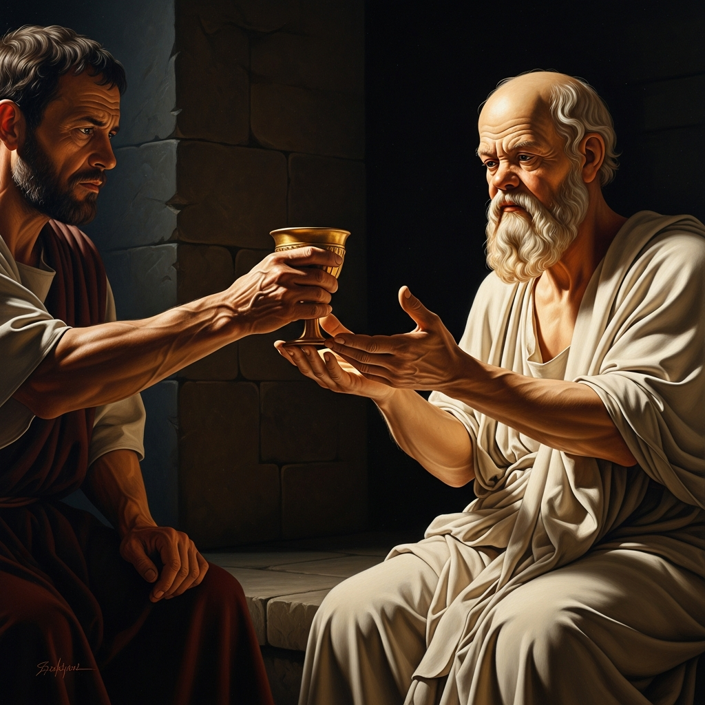 The jailer extends the cup. Socrates takes it with both hands, calm as a man accepting wine at a symposium, and asks whether he may pour a libation.