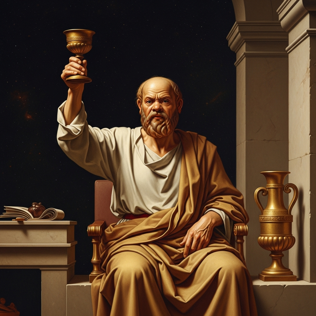 Socrates raising the hemlock cup, calm as a man accepting wine at a symposium, asking the jailer whether he may pour a libation to the gods before he drinks — the philosophical life ending in exactly the posture it maintained throughout.