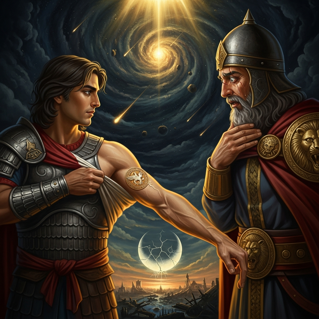 Sohrab pulls aside his armor to show the seal his father left on his arm as an infant. Rustam recognizes it. The world ends.
