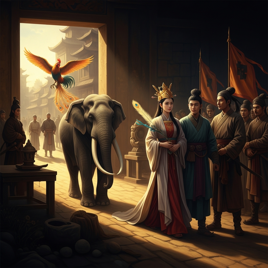 Sơn Tinh arrives at the palace at dawn. He carries elephant tusks, a phoenix feather, and a nine-spur rooster — the bride price Hùng Vương specified. The king set the terms knowing, or perhaps hoping, that the Mountain Spirit would come first. The princess is already preparing to leave when Thủy Tinh's retinue appears on the road at noon.