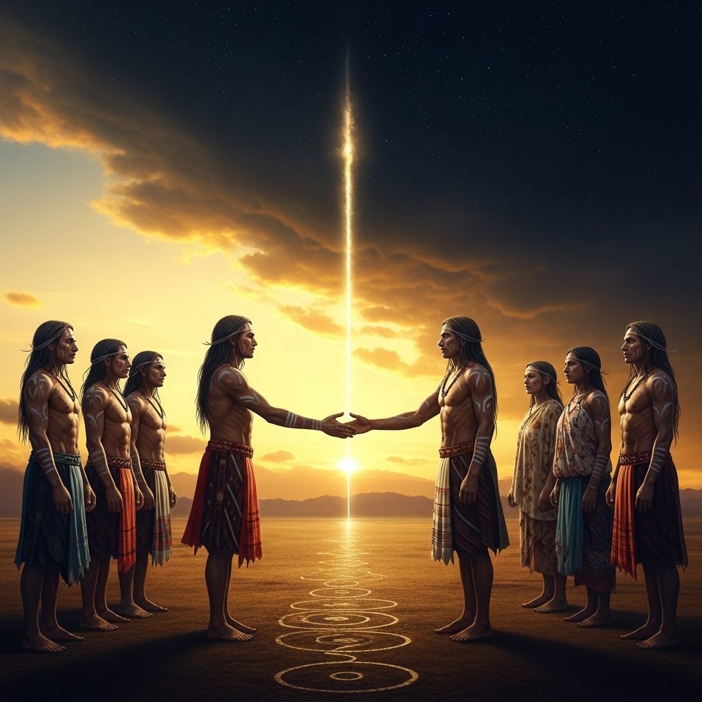 Two groups meet at the border of their countries for the ceremony that joins their sections of the Songline. The man whose verse ends hands the song to the woman whose verse begins. This is how the continent stays connected.
