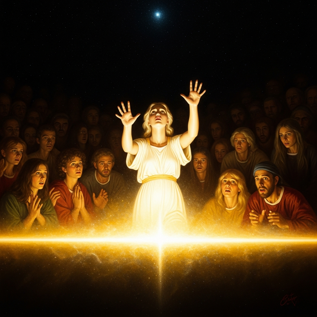 Sophia, luminous and alone among the Aeons of the Pleroma, reaches past a shimmering boundary of golden light toward an infinite darkness above — her hands outstretched, her partner absent, the other Aeons watching in silent horror.