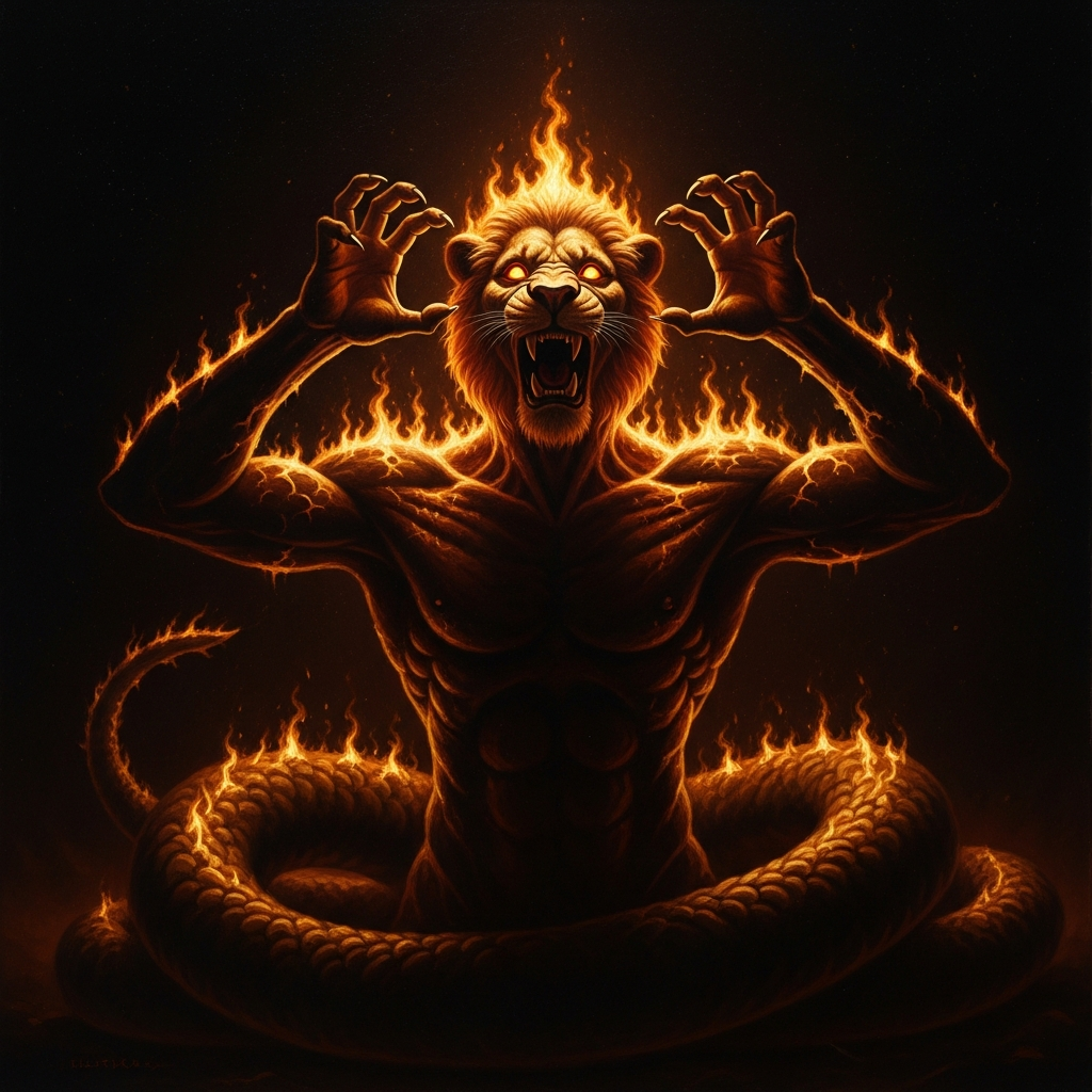 Yaldabaoth, lion-faced and serpent-bodied, opening his eyes for the first time in absolute darkness — his body made of fire and shadow, no other light visible anywhere, his face a mask of terrified sovereignty.