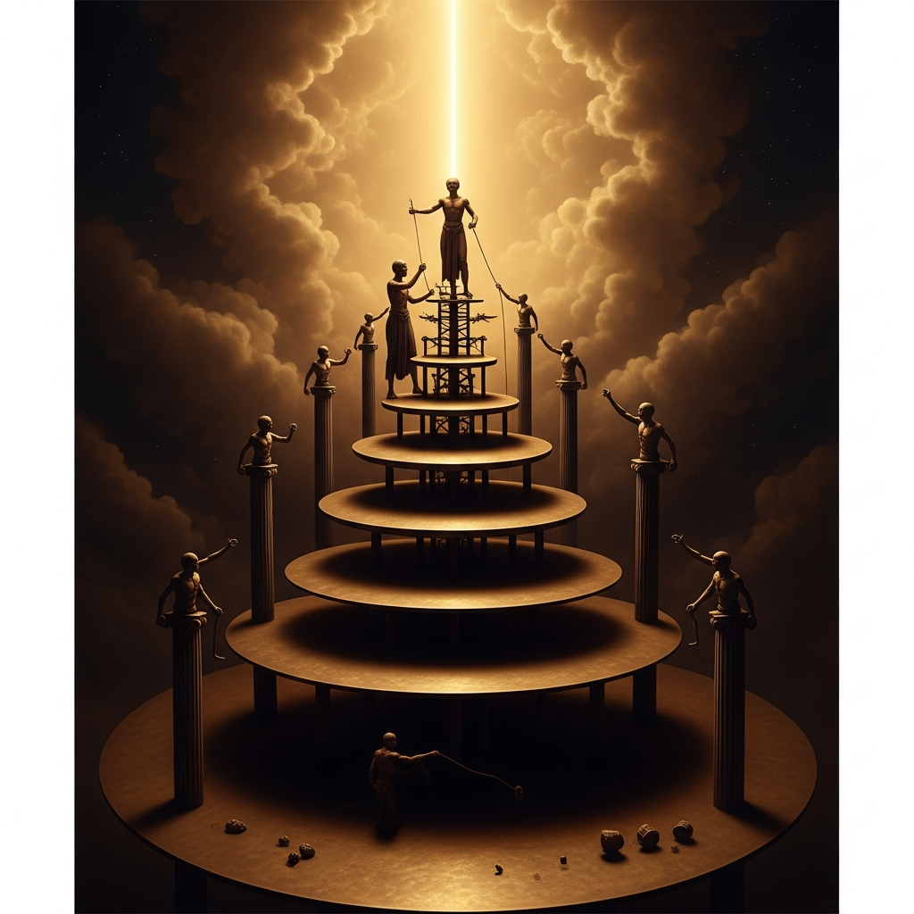 The Demiurge building the seven heavens, each layer a darker shade of bronze and shadow than the one above, archons rising as pillars on each level, while far above them all a single point of true light remains invisible to him.