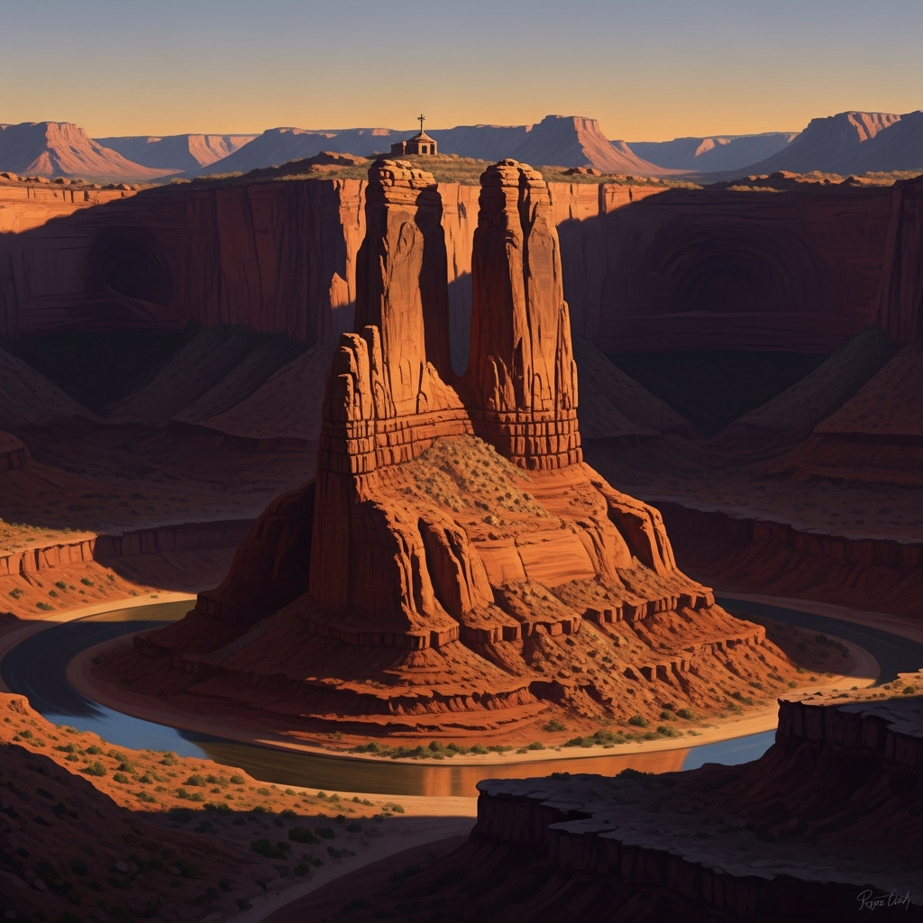 Spider Rock in Canyon de Chelly at dusk: a red sandstone spire eight hundred feet tall, twin columns rising from the canyon floor. On its summit, barely visible, a small structure. The canyon walls glow with the last light. Below, the silver thread of the river.