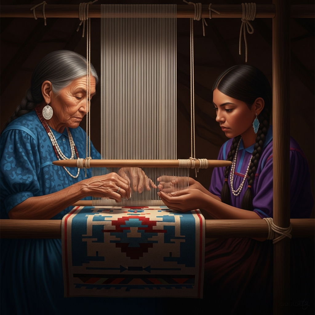 An old woman with hands that move with perfect economy sits at a vertical loom in a canyon dwelling. The warp strings glow faintly in the canyon light. A young Diné woman watches from close beside her, studying her hands. The blanket on the loom is half-finished, its geometric pattern incomplete — a world not yet assembled.