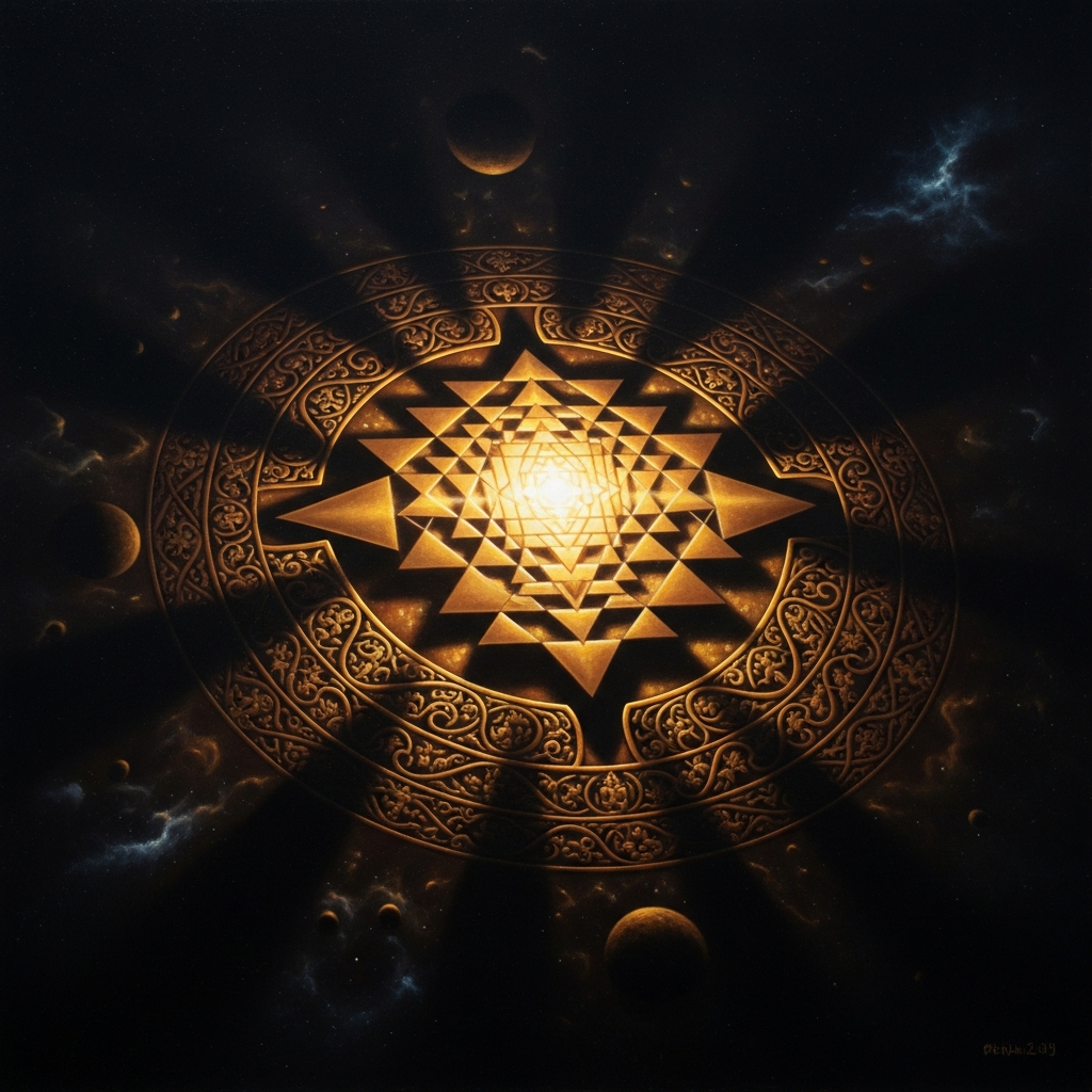 The Sri Yantra's nine triangles expand outward from the central point to fill the frame — the downward-pointing triangles of Shakti (consciousness descending into matter) interlocking with the upward-pointing triangles of Shiva (matter ascending back toward consciousness), forty-three smaller triangles created by their intersection, the whole figure pulsing with the implication of generation.