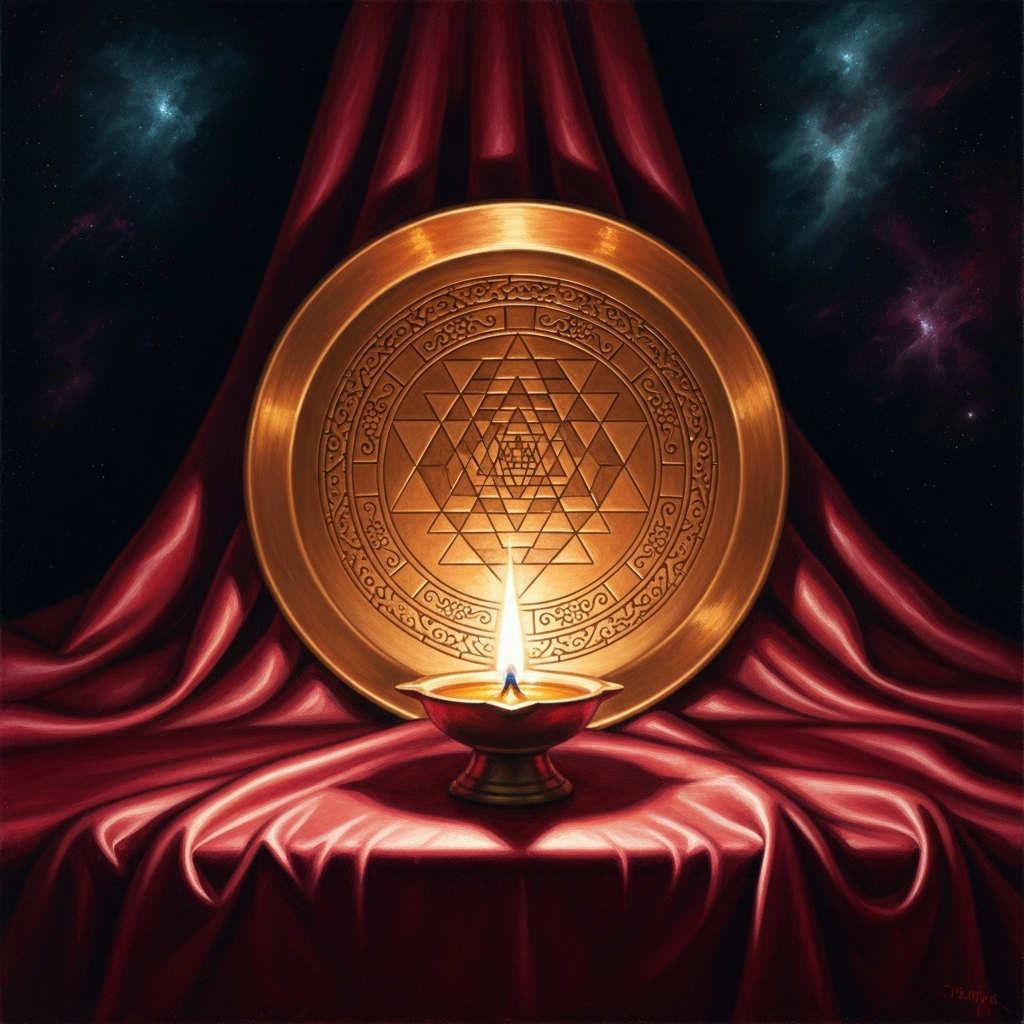 A copper plate engraved with the Sri Yantra sits on a silk cloth before a single ghee lamp. The lamp's flame doubles in the polished surface. A man in white sits before it, spine straight, eyes at the level of the central point. The geometry of the nine triangles is exact — made of fire and copper and the dark.