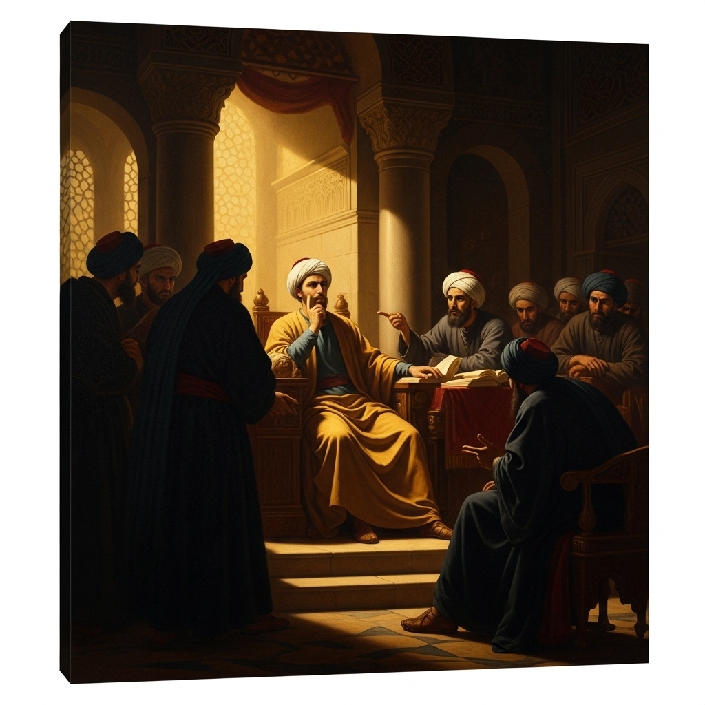 At the court of al-Malik al-Zahir Ghazi in Aleppo, the young philosopher debates the senior jurists who will soon petition for his death.