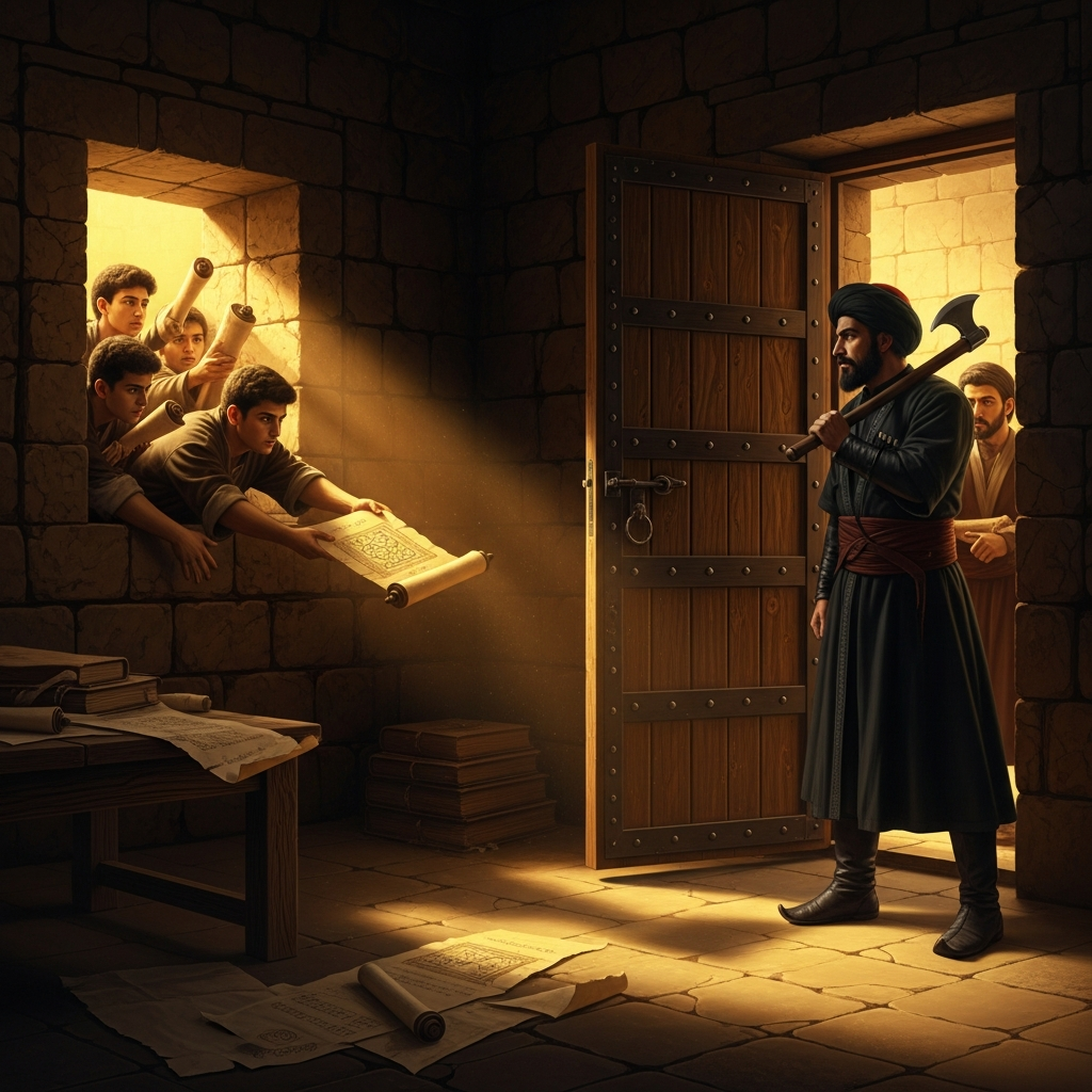 In a cell of the Citadel of Aleppo, the manuscripts are smuggled out by his students while the executioner waits at the door — he is thirty-eight.