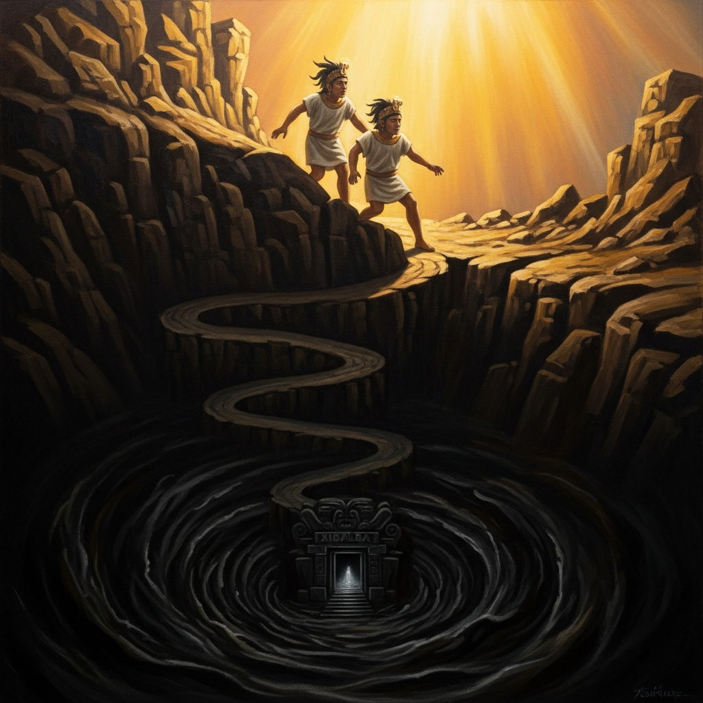 The summons arrives in the upper world; the Twins descend the cliff road into Xibalba.