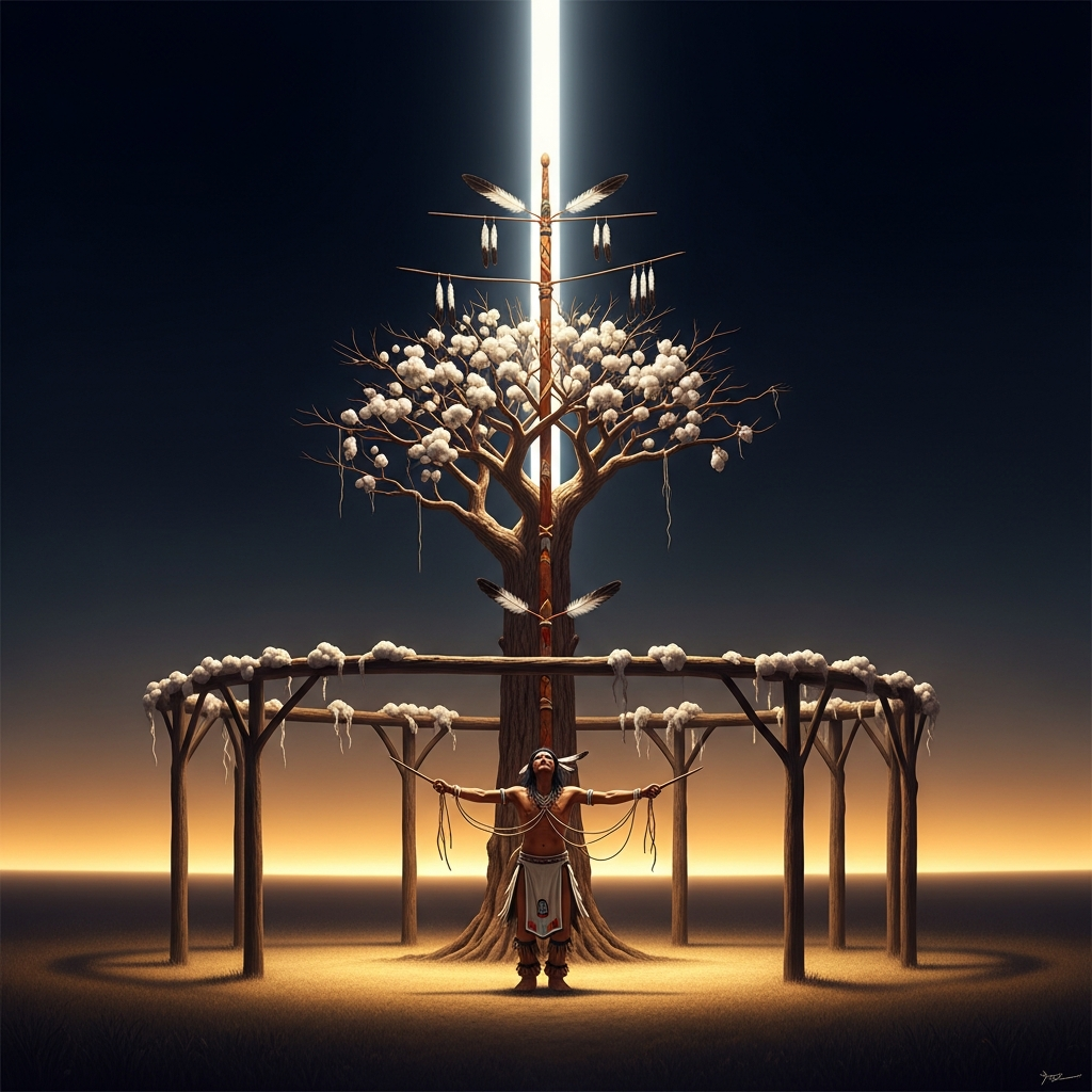 A tall cottonwood stands at the center of a circular arbor on the summer plains. The sun is vertical and white. A man dances facing the pole, the rawhide tethers taut from the skewers in his chest to the wood above him, his eyes on the eagle feathers tied high in the branches.