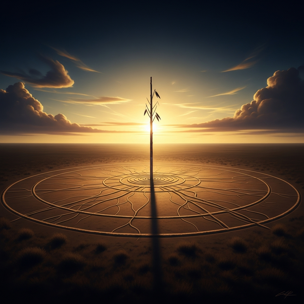 The Sun Dance circle at dawn, after the ceremony. The center pole stands alone. In the scarred earth around its base, the marks of many dancers. The plains stretch in every direction in the early light, unmarked and immense.