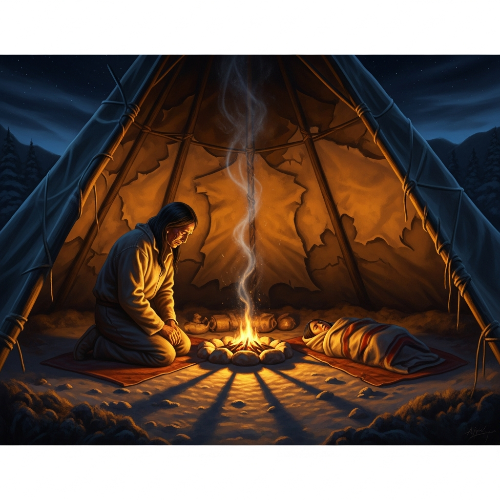 A man kneeling in a tipi beside a small still form wrapped in blankets. The fire is low. Outside, the winter wind moves the hides of the tipi's walls. His face is tilted upward in the darkness, and his mouth is open with the beginning of a vow.