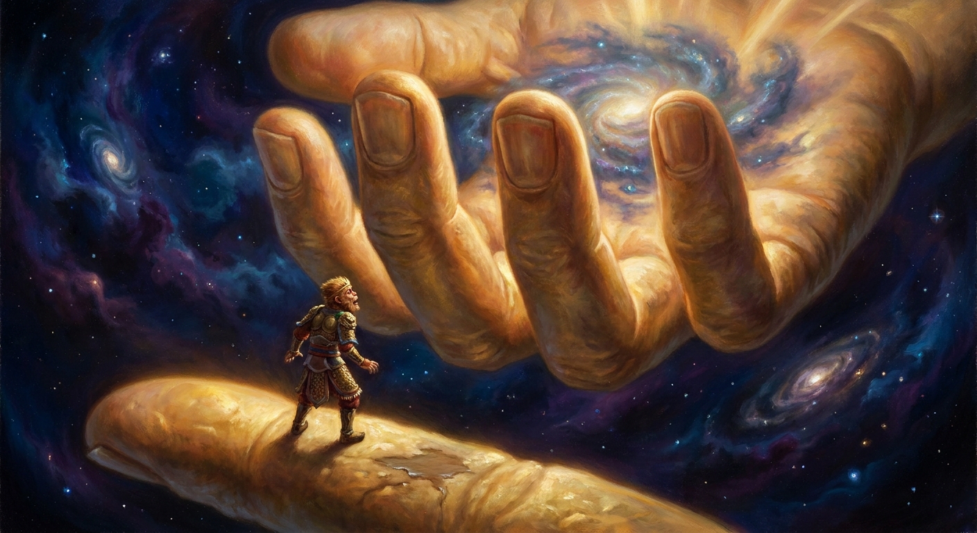 At the edge of what he believes is the universe, Sun Wukong discovers he has never left the Buddha's open palm.