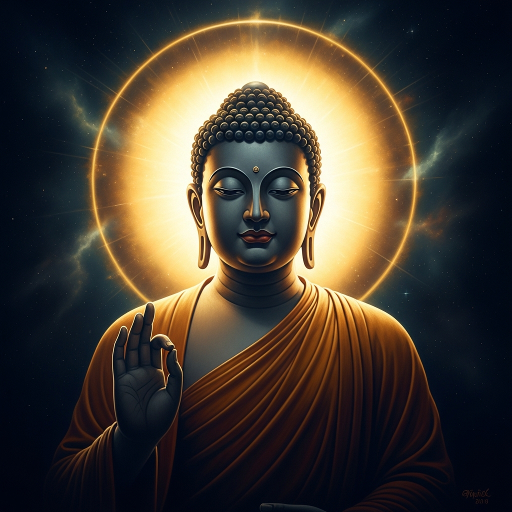 The Buddha's open palm becoming Five Elements Mountain — the five fingers solidifying into five stone peaks, pinning Sun Wukong beneath them with his head exposed, the seal OM MANI PADME HUM pressed into the summit stone in golden characters. The Monkey King's eyes are still gold and still furious. He will wait here for five hundred years.