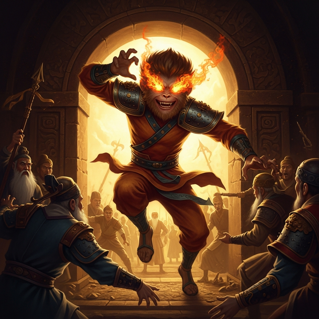 The Bagua Furnace of Laozi opened after forty-nine days — and Sun Wukong leaping out from the wind chamber, his eyes transformed into burning gold by weeks of divine smoke, the fiery golden eyes that will see through every illusion for the rest of his existence. Laozi staggers back. The celestial court scatters. The monkey grins.