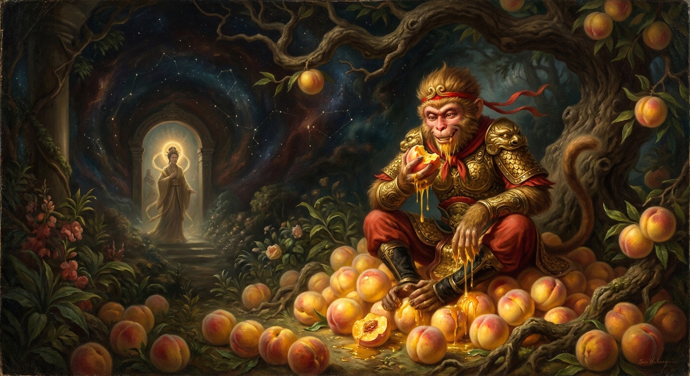 Drunk on the Peaches of Immortality in Xi Wang Mu's garden, the Monkey King eats his fill of fruit that ripens once every ten thousand years.