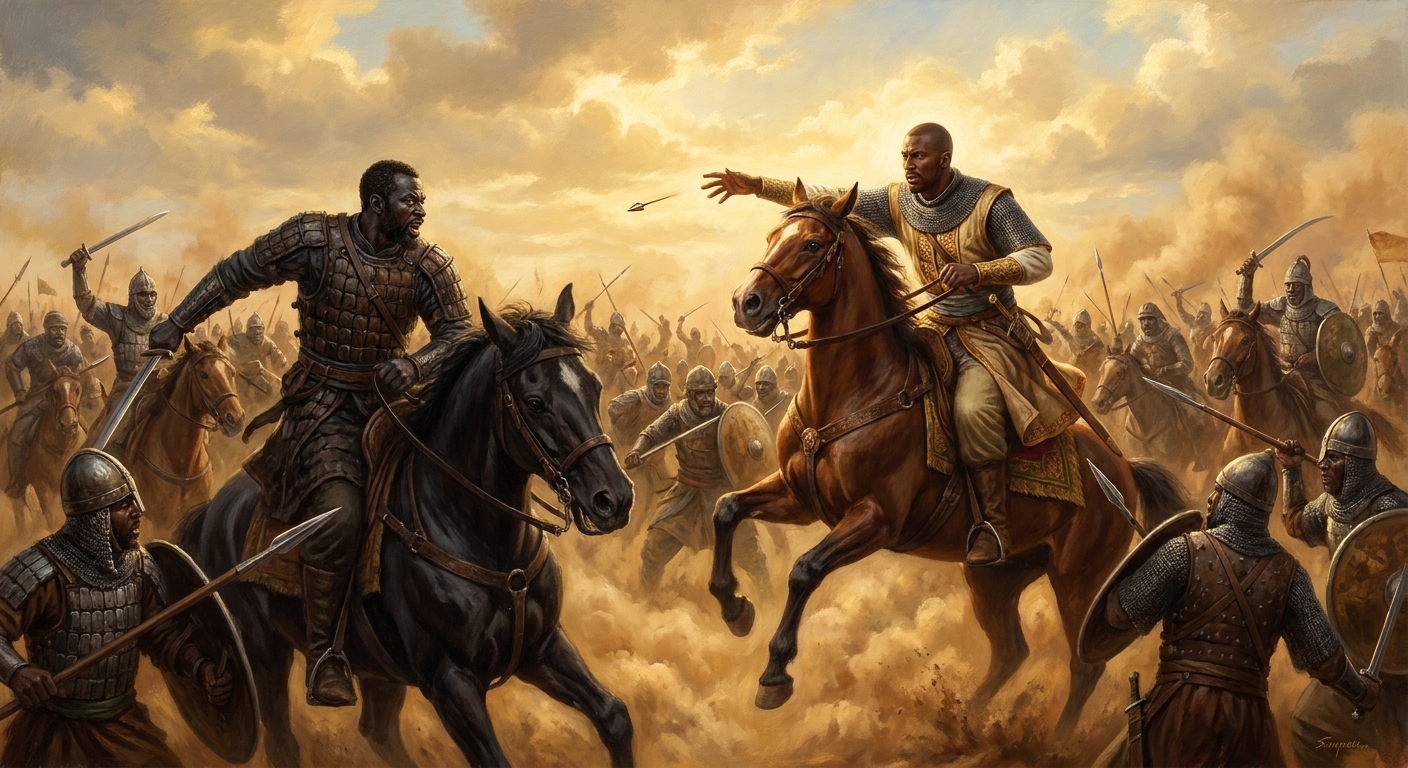 The plain of Kirina at dawn. Sundiata's army charges through smoke and the sound of war drums. Soumaoro's war shirt of human skin flashes red in the low light.