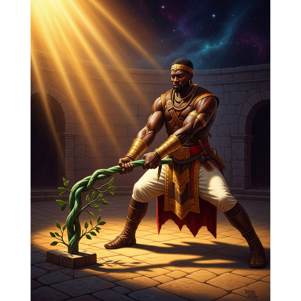 Sundiata grips the heavy iron rod the blacksmith has driven into the courtyard. He pulls. The rod bends outward like a green stem under his weight. It will not hold him.
