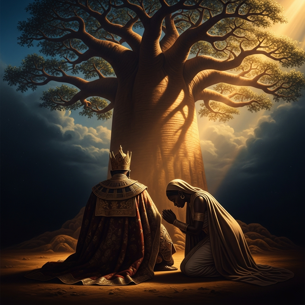 Sogolon Condé kneels at the foot of the great baobab behind the king's compound at Niani. Her seven-year-old son crawls behind her in the dust. The other wives are still laughing inside the compound.