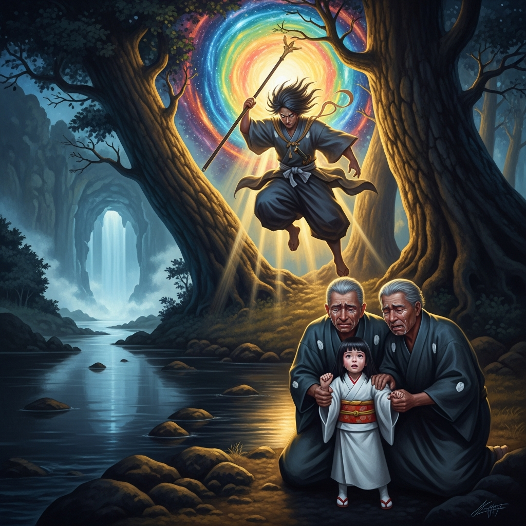Susanoo lands at the headwaters of the Hi River. He hears weeping before he sees the family — the old couple and their last daughter, waiting for nightfall.