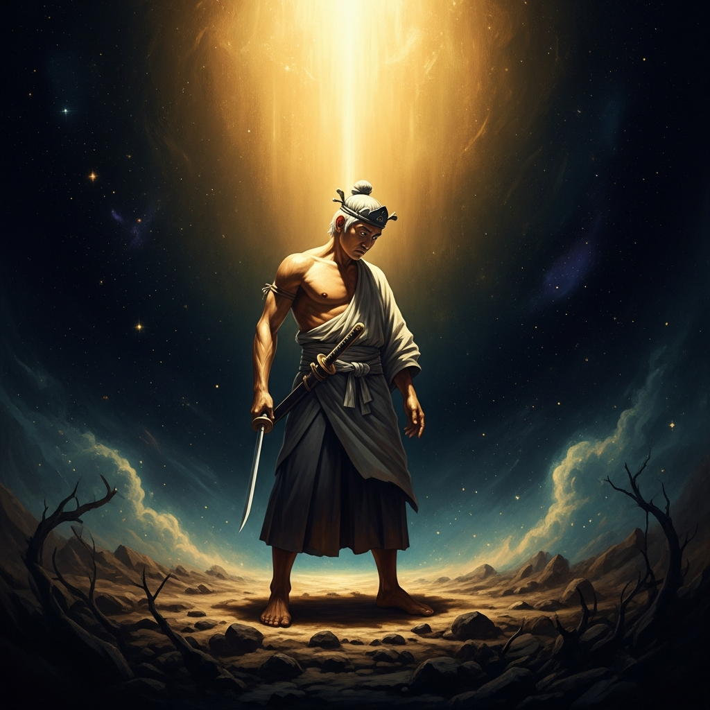 Susanoo descends from the High Plain of Heaven to the province of Izumo, stripped of his divine rank, with nothing but the blade at his belt. The earth is unfamiliar under his feet.
