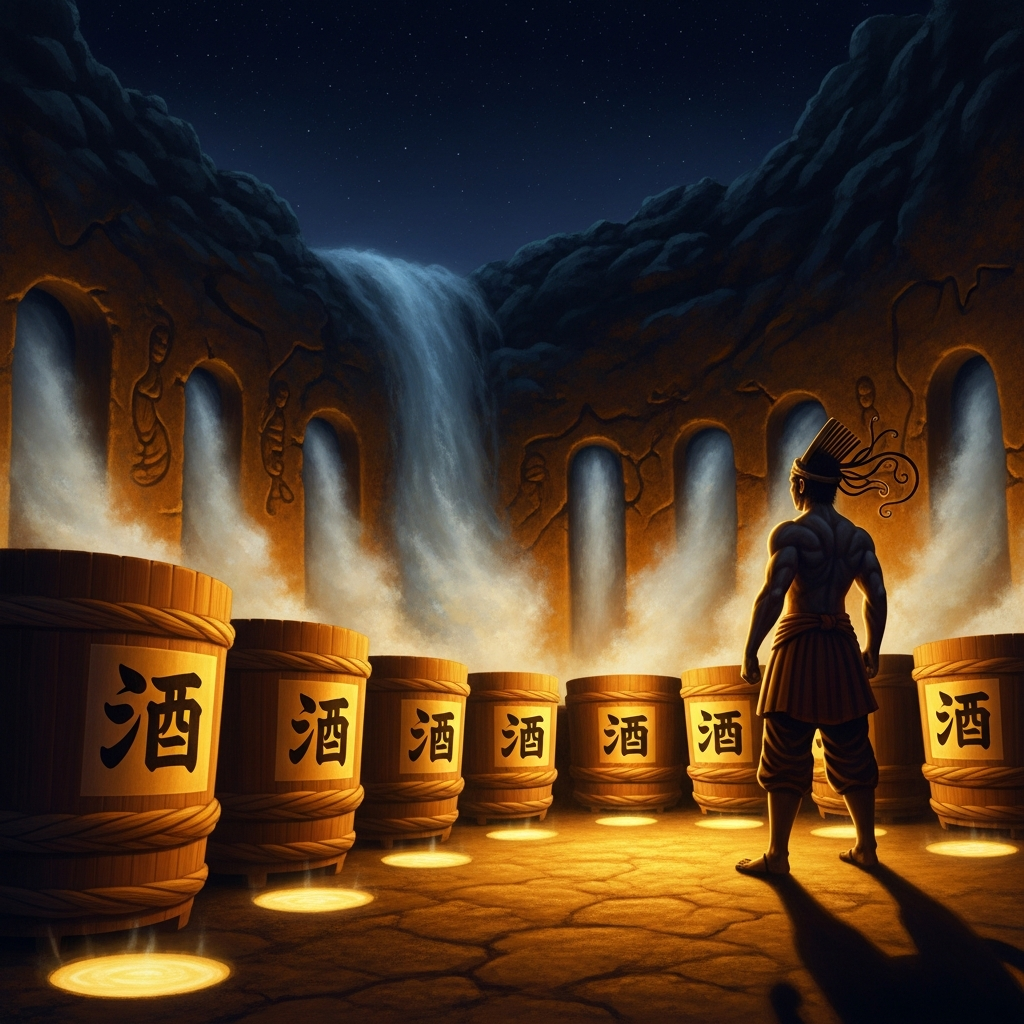 Eight vats of eight-times-brewed sake, set at the eight openings. The night is still. Susanoo waits beside Kushinada-hime, transformed into a comb in his hair, and watches the river mist for movement.