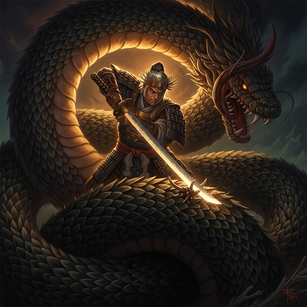 The sword catches on something harder than bone. Susanoo cuts carefully through the fourth tail and draws out the Kusanagi blade — faintly luminous, ancient beyond reckoning.