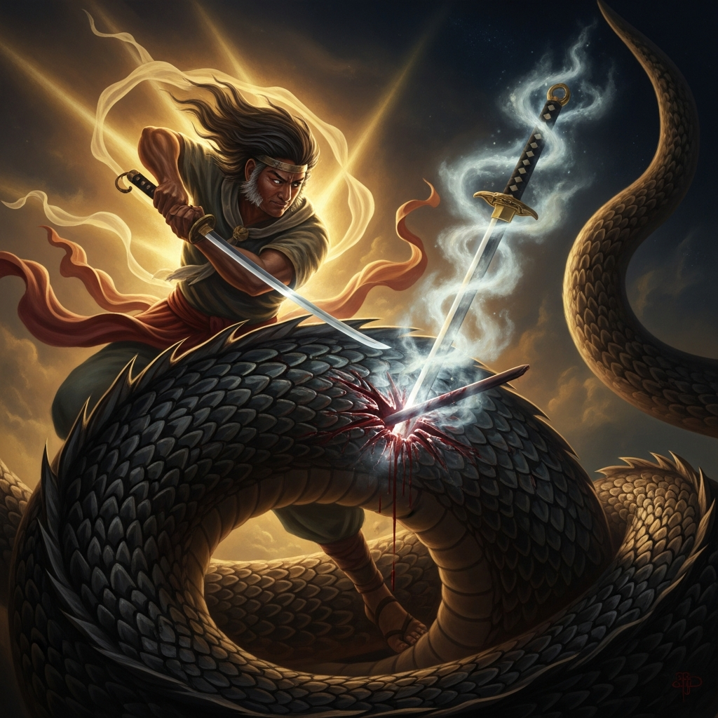 Susanoo cuts through the eighth tail. His blade catches on something hard. He withdraws it: a sword wrapped in cloud. The Kusanagi, sleeping in the serpent since before the world was named.