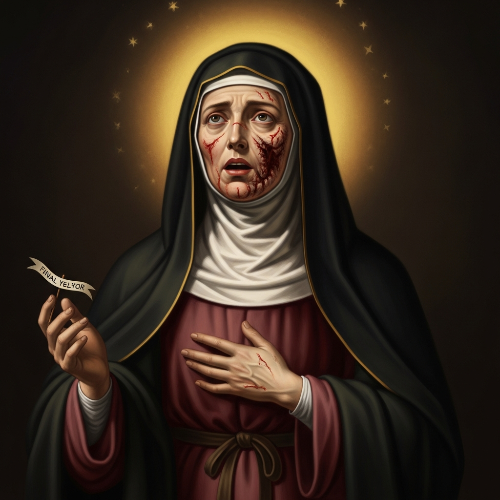 Her last illness. It lasts three years. The disease eats her face and her body in a way her biographer describes in unflinching detail. She refuses to complain. She continues to teach the women around her. She dies as a confessor, eighty years old, the disciples still writing down her words.