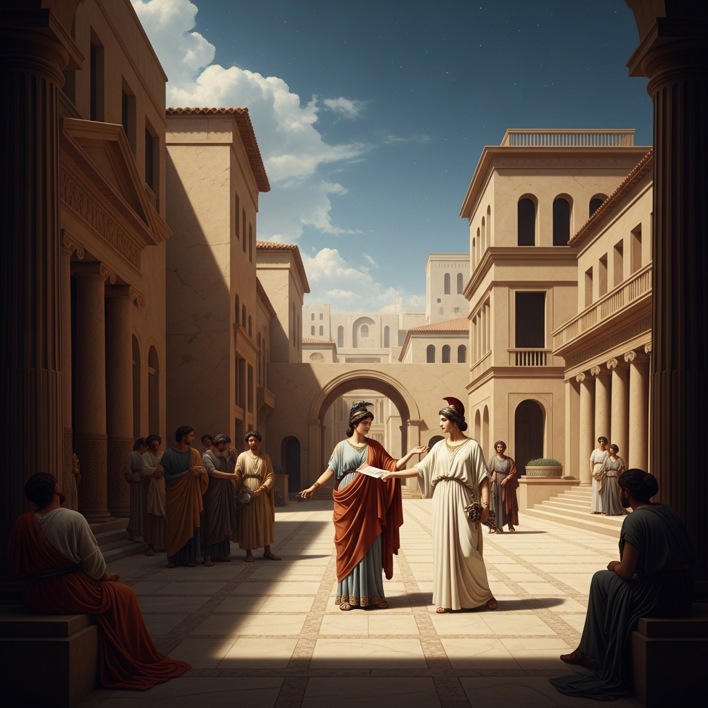 Syncletica in the courtyard of her family's Alexandrian estate, distributing the inheritance. The poor of the city wait in the street; the household servants are being freed; the deeds are being signed. She has heard the same sentence from Matthew that Antony heard, and her response is the same.
